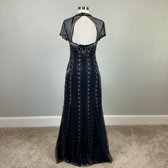 Adrianna Papell Beaded Cut Out Back Evening Gown Blue Size 6 Short Sleeve Formal - Picture 2 of 14